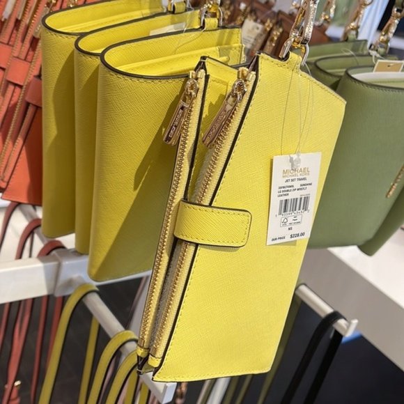 Michael Kors Jet Set Travel Large Double Zip Leather Wristlet Sunshine Yellow - Picture 9 of 16